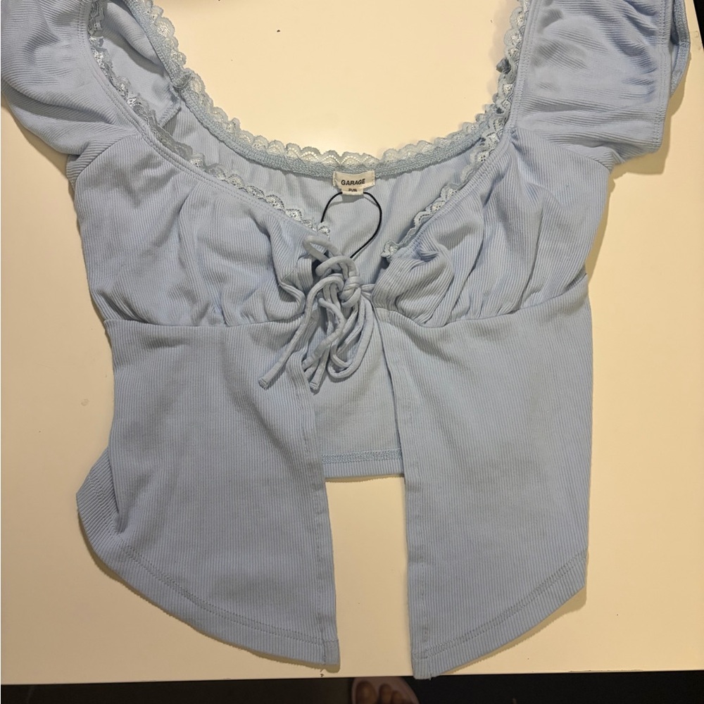 Garage Light Blue Lace-Trimmed Top small